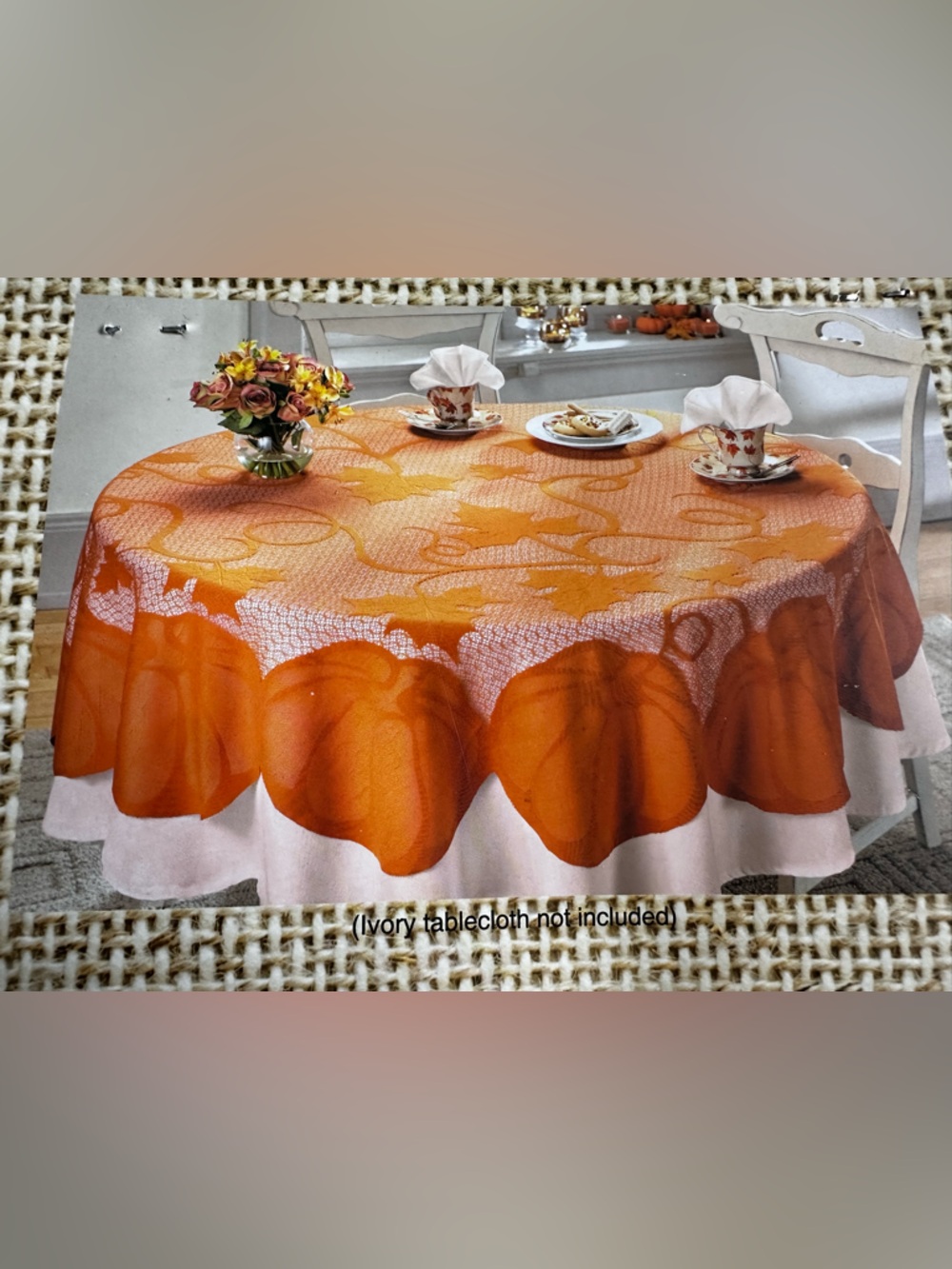 Fabric Lace Tablecloth Round 70” FALL, HARVEST PUMPKIN & LEAVES